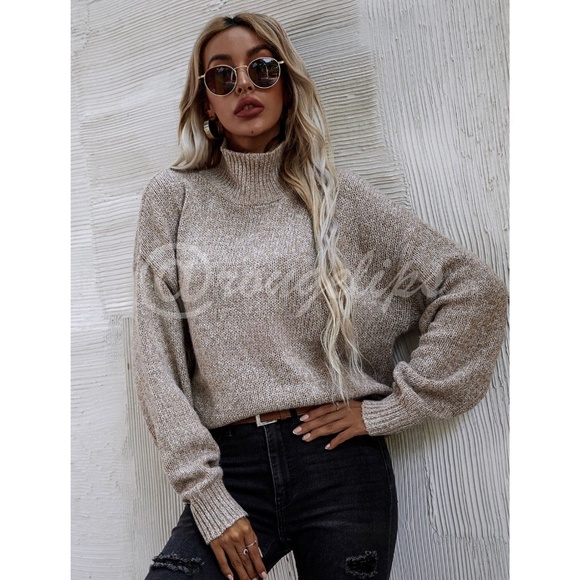 Khaki / Mocha Knit Turtleneck Pullover Sweater Long Sleeve - Picture 2 of 7